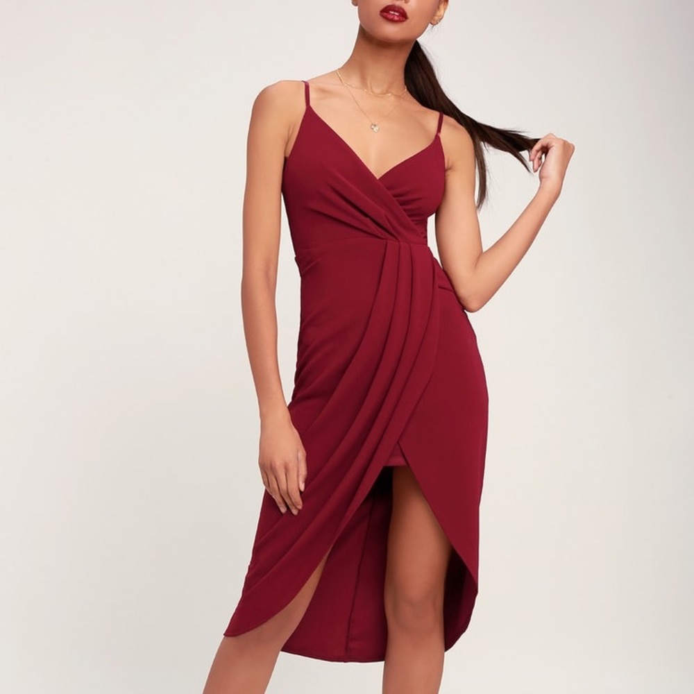 LuLu’s Special Guest Wine Red Surplice Midi Dress